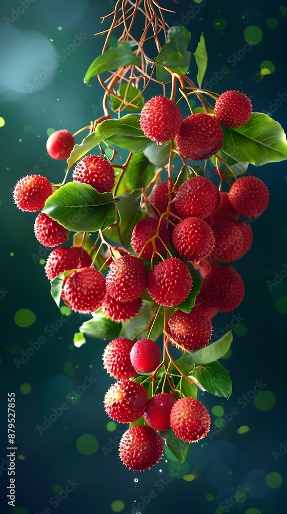 Poster clusters of lychee fruits growing on a neural vine with intricate pathways