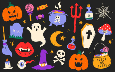 Set of cartoon halloween elements in 90s retro style. Pumpkins, ghost. witch hat, grave, poison, skull, moon, sweets etc.