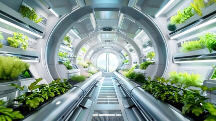 Futuristic Spacecraft Interior with Seamless Zinc Surfaces and Bioluminescent Hosta Plants