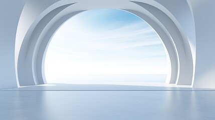 Abstract Interior Design with Arched Windows and Ocean View.