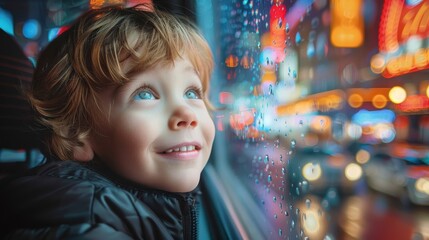 A young boy with blue eyes and brown hair looks blissfully out a rain-streaked window, with colorful lights of the city creating a dreamy, hopeful atmosphere in the background.