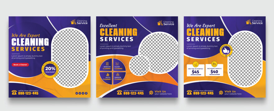 Cleaning services social media promotion: office, home, and hotel cleaning banner template design.