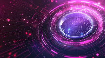 Fototapeta premium Futuristic digital interface with a vibrant neon pink and purple color scheme, featuring circular data visualizations and grid patterns.