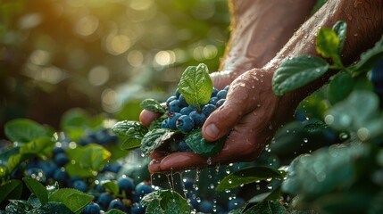 A pair of hands, glistening with water droplets, gently holding freshly-picked blueberries from a lush garden, with more blueberry plants and sunlight in the background.