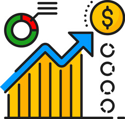 Finance statistic line color icon, financial analysis, accounting, tax revenue and budget. Vector bar graph, pie chart, upward trend arrow, dollar sign symbolizing growth, analytics, or financial data