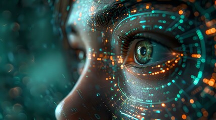 Close-up of a woman's eye with digital circuitry overlay, symbolizing technology and futuristic vision. Ideal for tech blogs, AI articles, and innovative design projects.