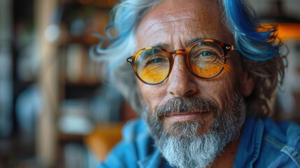 An elderly man with blue hair and round glasses is sitting in a library, looking directly into the camera with a thoughtful and content expression on his face.