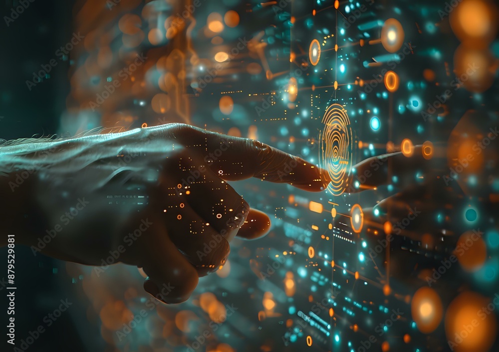 Aufkleber hand interacting with a digital interface with glowing data points, symbolizing technology and cyber