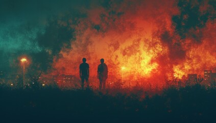 Fototapeta premium Two silhouetted figures stand in front of a dramatic, fiery sky with a cityscape backdrop, creating a surreal and intense atmosphere.