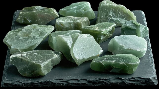 An arrangement of rough, green jade stones of various sizes, naturally textured and artfully placed on a black slate surface, presenting a raw and unrefined elegance.