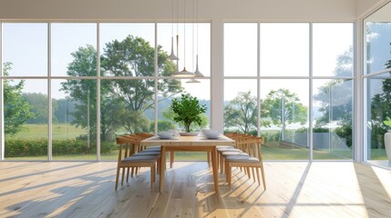 Fototapeta premium A bright and airy dining space with floor-to-ceiling windows and a light oak table