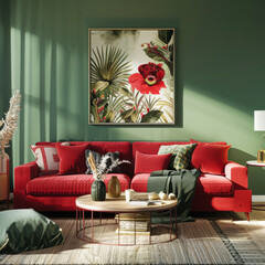 3D render of a home interior with a red sofa, table, and green decor in the living room.