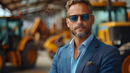 A confident man wearing sunglasses stands in front of yellow construction vehicles, dressed in a blue suit, exuding professionalism and authority in an industrial environment.
