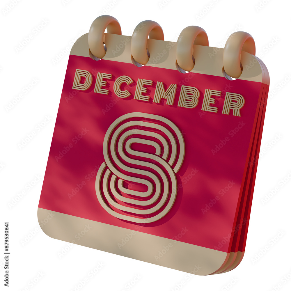 Poster 3d calendar icon showing december 8 with retro design..