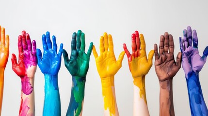 A diverse group of hands covered in vibrant, colorful paint stretches upwards against a white background, symbolizing creativity and unity.