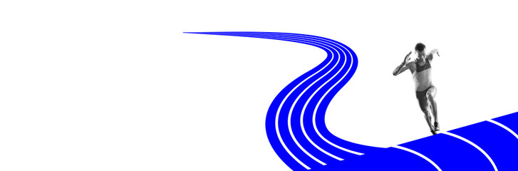 Muscularly man running marathon against white background with abstract blue road element....