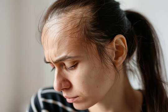 t&ecirc;te de femme souffrant d'alop&eacute;cie et qui perd ses cheveux 