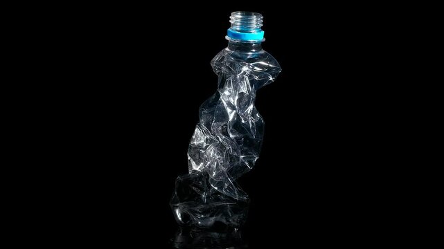 Squashed plastic bottle. A view of left plastic squashed bottle against black background. A concept of ecologycal plastic problem in the world.