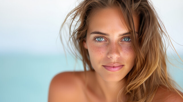 portrait studio d'une femme de face &agrave; la plage en maillot de bain