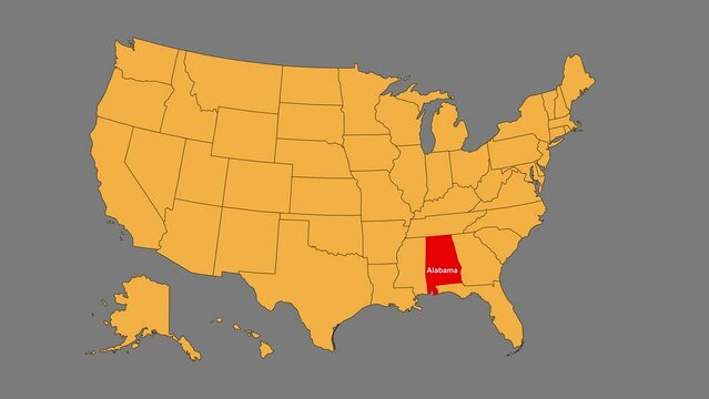 Alabama map animated video. Map Highlighted on the USA map with animation and colour with Gray background in video format.	