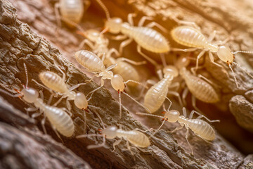 Group of the small termite on decaying timber. The termite on the ground is searching for food to feed the larvae in the cavity.