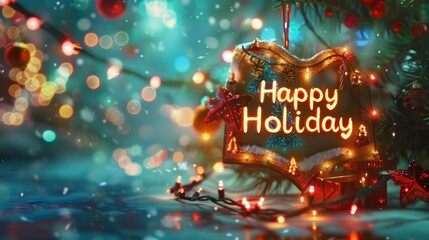 Festive holiday scene with "Happy Holiday" sign, fairy lights, colorful bokeh, and decorations. Perfect for seasonal greetings and celebrations.