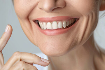 Obraz premium smiling middle aged woman pointing to corner of her mouth, copy space. Dental care. Dentistry concept.