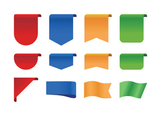 Set of illustrations of colorful tags, labels, ribbons, emblems, and flags.