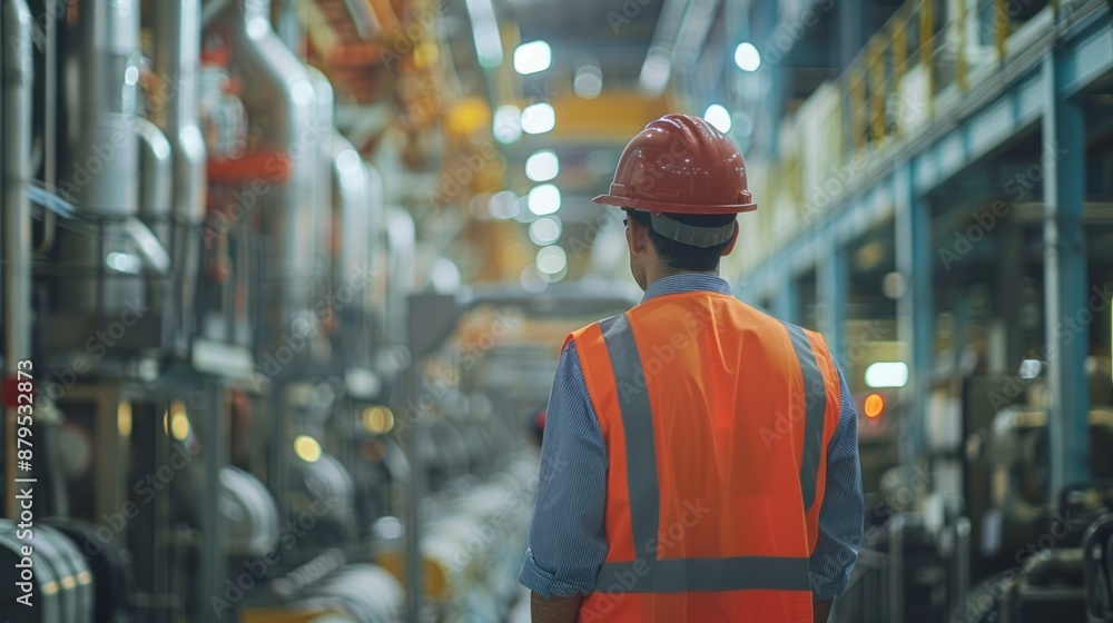 Poster engineer wearing safety vest controlling machine working talking with assistant engineer worker chec