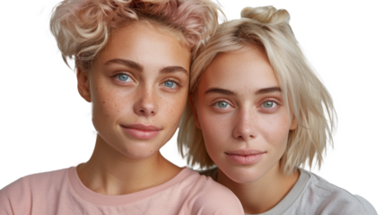 Two lesbian multinational women in tshirts hugging