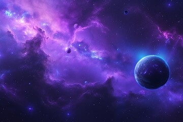 Stunning space scene with vibrant purple nebula and multiple planets. Ideal for sci-fi themes, cosmic exploration, or galaxy-inspired designs.