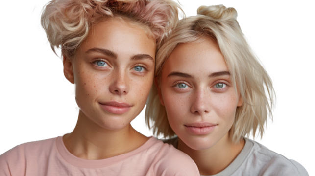 Two lesbian multinational women in tshirts hugging