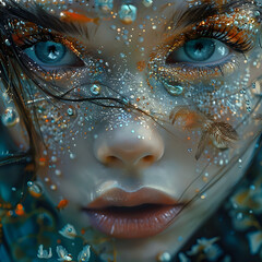 A stunning close-up of a woman's face with captivating blue eyes, adorned with intricate underwater-themed makeup, featuring pearls and aquatic elements, evoking a mystical