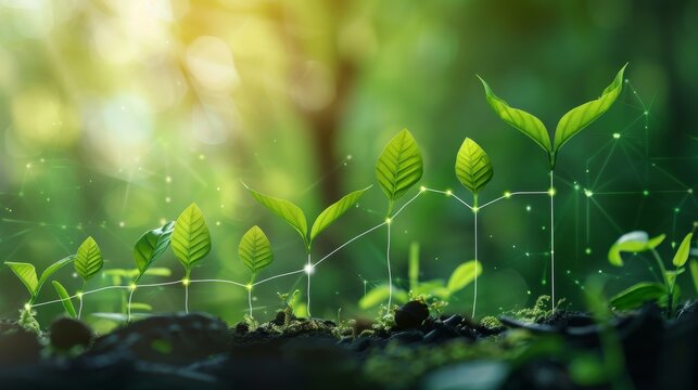 Young plants growing in vibrant, green background with connected lines and glowing nodes, symbolizing growth and network technology.