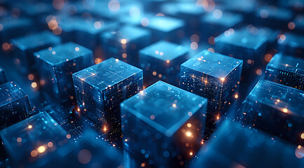 A futuristic digital landscape of glowing blue cubes, symbolizing blockchain technology and data processing. Perfect for illustrating concepts in digital security, technology, and innovation.
