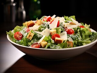a bowl of salad with tomatoes and croutons