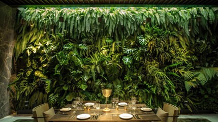 Obraz premium A chic dining room with a table set against a backdrop of a large, living green wall