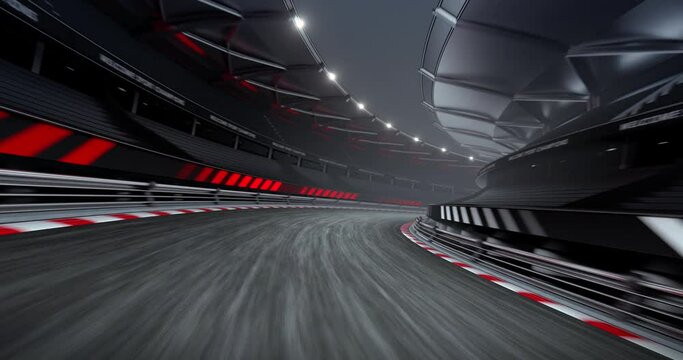 Endless fast ride on racing track and race stadium with shining spotlights. Professional 4K video loop for racing sports advertisement.