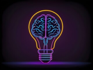 Illuminated Human Brain in Lamp with Neon Light Effect Eye-Catching Line Art