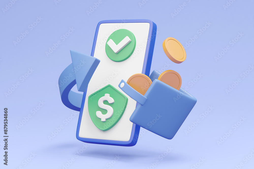 Poster a modern 3d render depicting the ease and security of digital wallet payments with floating elements