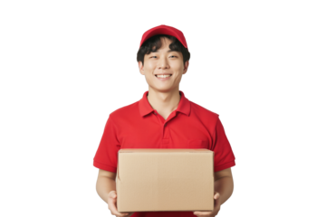 Delivery person holding a cardboard box isolated on a transparent background.