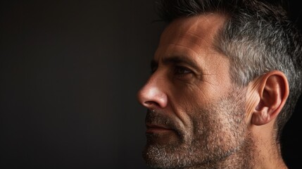 Obraz premium A man with short grey hair looks away from the camera, his face partially lit, creating a shadow across his left cheek.