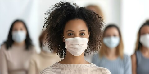 African American woman leads diverse group therapy session all wearing face masks. Concept Group therapy, African American woman, Diverse group, Face masks, Mental health