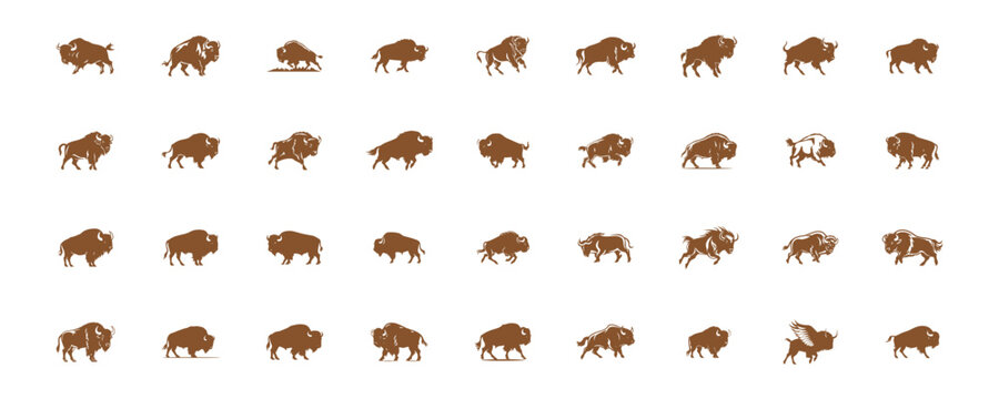 A set of bull icon logo aggressive bull or bison vector collection buffalo silhouettes vector icons