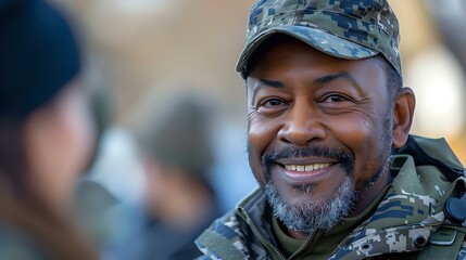 Smiling military officer in camouflage uniform, outdoors in a social setting. Perfect for themes of military, camaraderie, leadership, and veteran affairs.