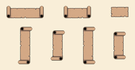 Manuscript template set. Pixel art scroll vector set. blank paper sheet. isolated vector. papyrus scroll.