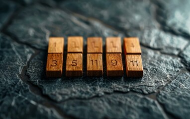 Wooden blocks with numerical digits arranged in a sequence on a textured surface displaying numbers 3, 5, 11, 9, and 11.