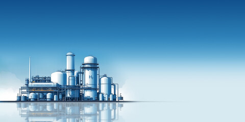 blue hydrogen h2 energy flat background, factory on left wording space on right 