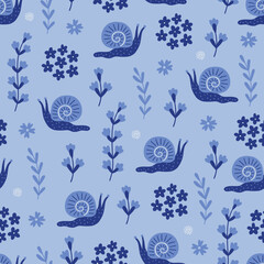 Retro seamless pattern with snail, leaves and flowers. Vector illustration