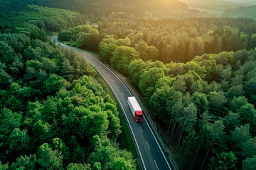 An aerial view of a truck on the road surrounded by an expansive woodland of pine trees, bathed in gentle sunlight